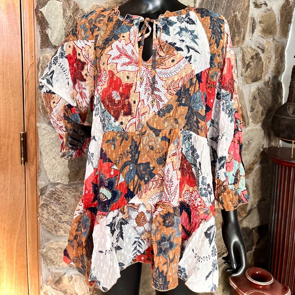 Johnny Was Tunic NWT SizeXL Sheer Crinkle Patchwork Pattern, Ruffled Neck, Cuff - Picture 2 of 7